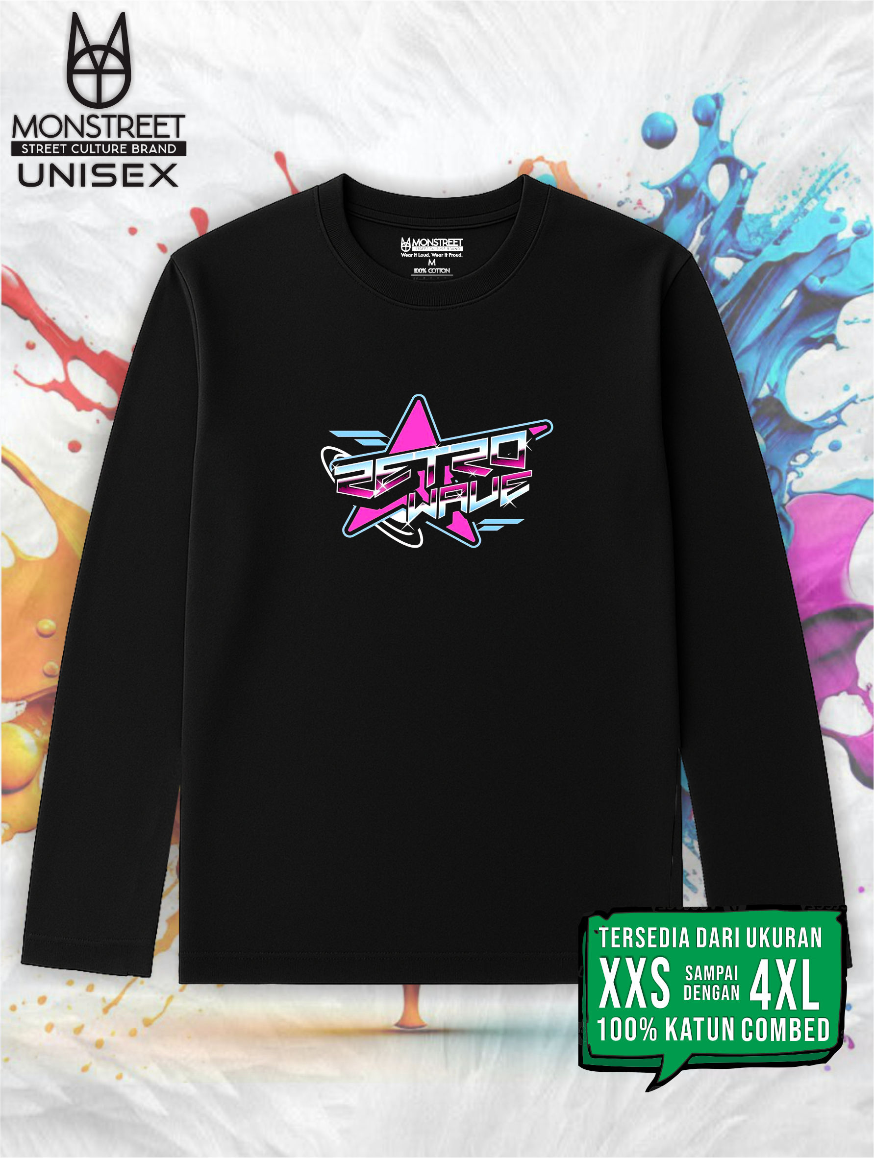 Monstreet Kaos Katun Combed 24S Grafis Reguler Fit Lengan Panjang Hitam Tshirt LUTR60 Cotton Combed 