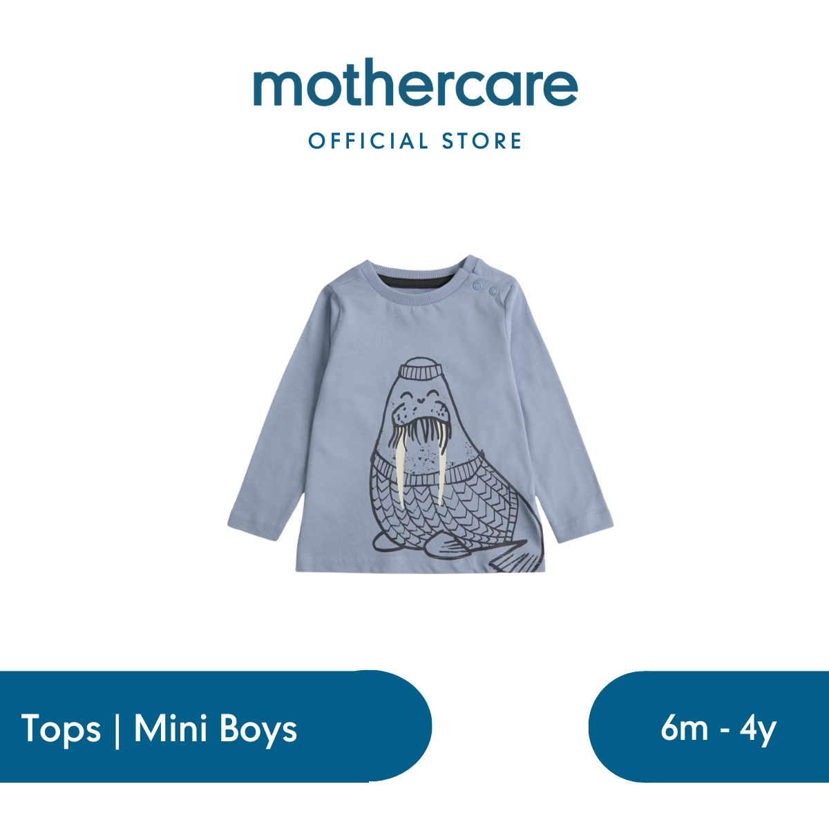 Mothercare Blue Walrus Long-Sleeved T-Shirt - Kaos Bayi Laki-laki (Biru)