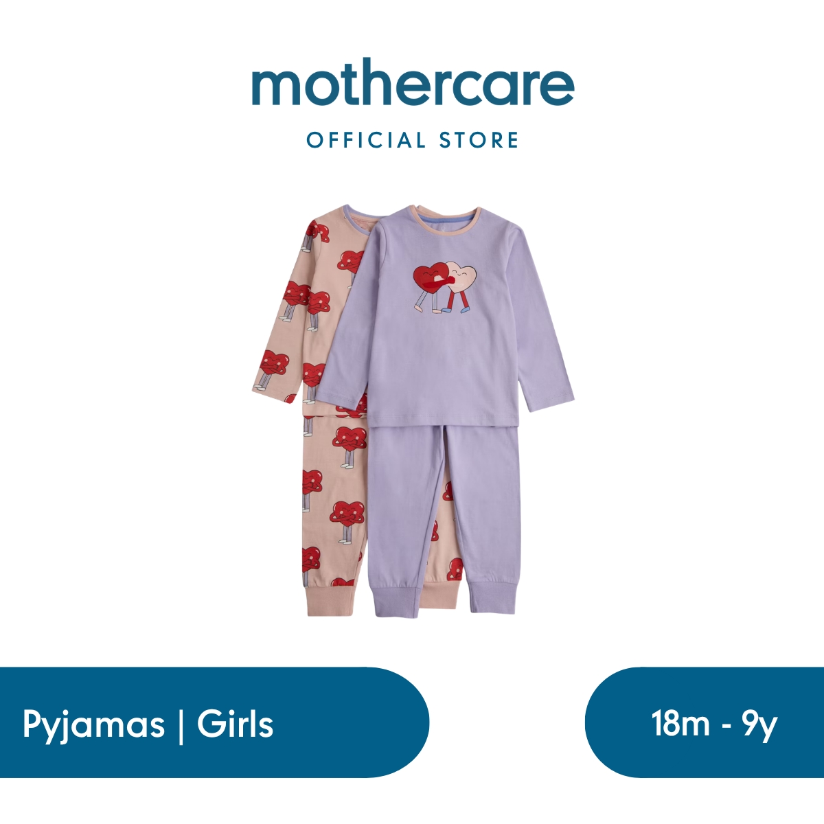 Mothercare 2 Pack Hugging Hearts Pyjamas - Piyama Anak Perempuan (Multi)