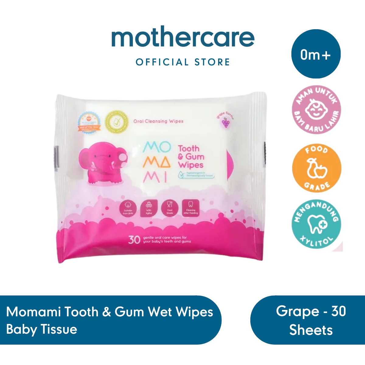 Mothercare Momami Tooth & Gum Wet Wipes Baby Tissue Grape 30 Sheets - Tisu Basah Xylitol Pembersih G