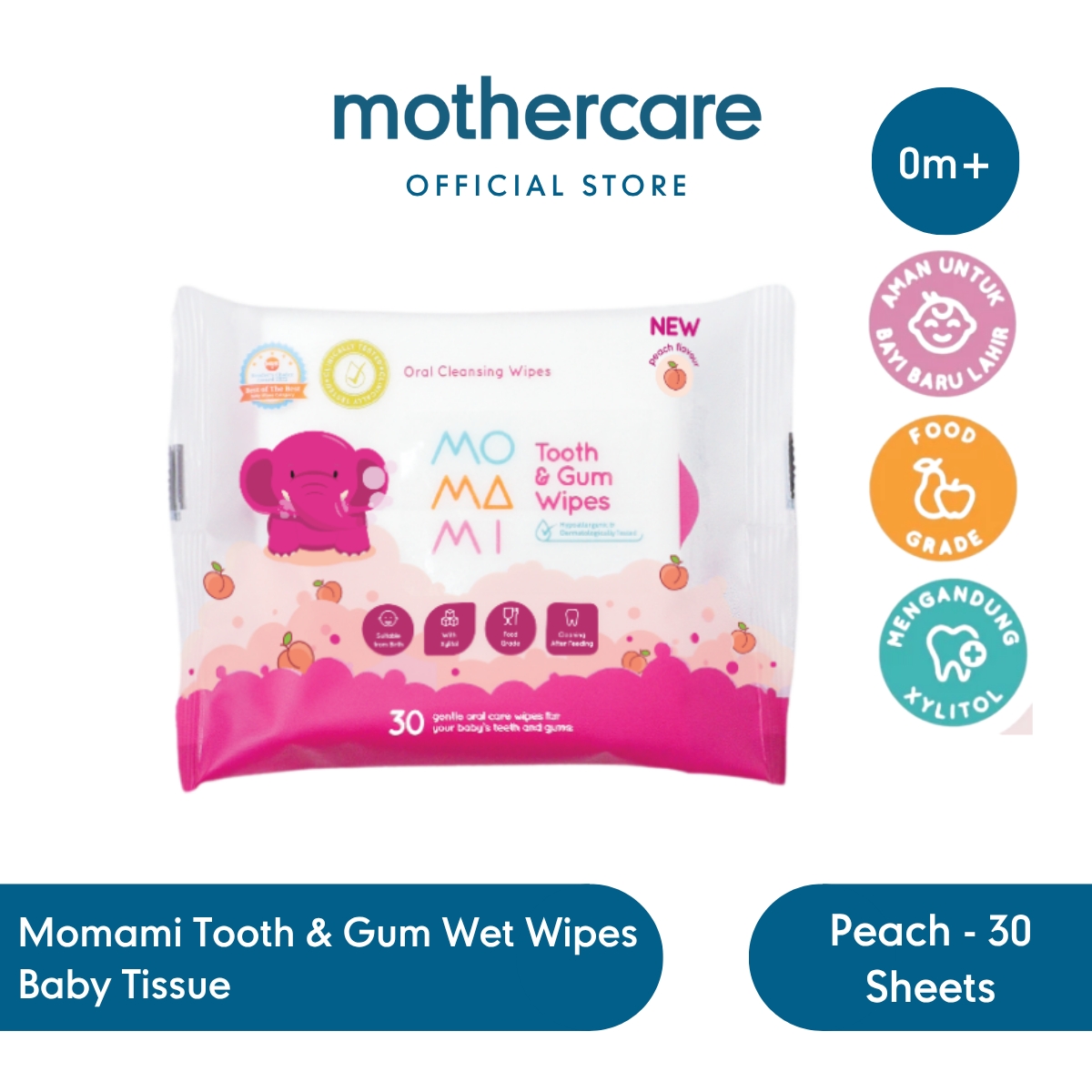 Mothercare Momami Tooth & Gum Wet Wipes Baby Tissue Peach 30 Sheets - Tisu Basah Xylitol Pembersih G