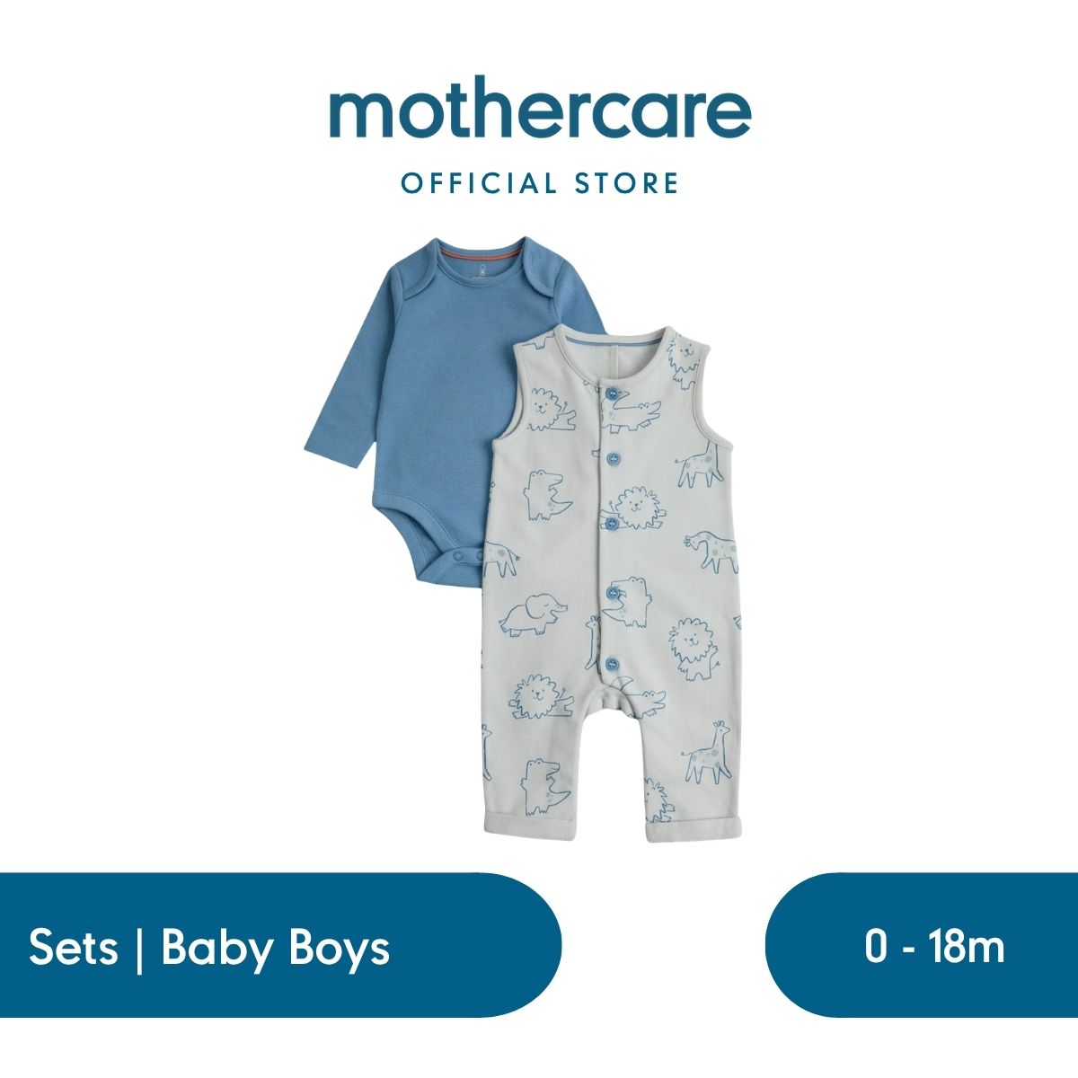 Mothercare Safari Dungarees and Bodysuit Outfit - Set Baju Anak Bayi Laki-laki (Biru)