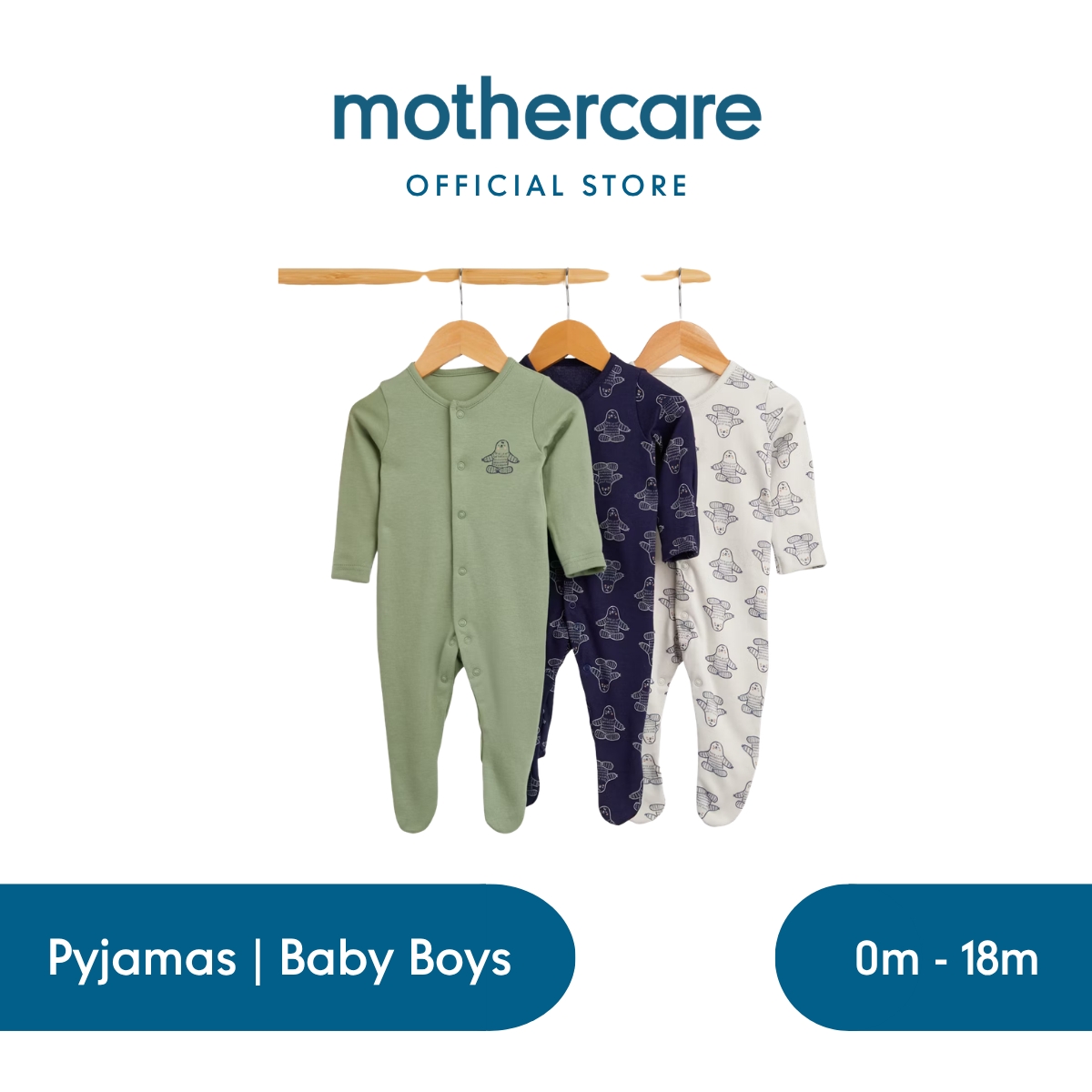 Mothercare Yoga Sloth Baby Sleepsuits 3 Pack - Baju Tidur Bayi Bayi Laki-laki (Multi)