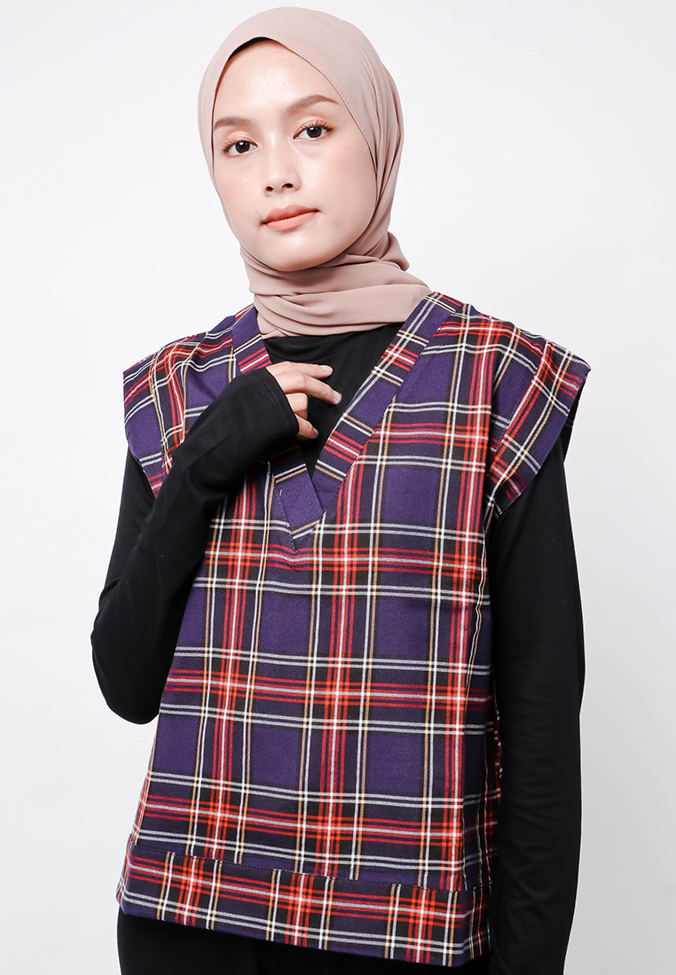 Nade Japan FTA71 Rompi Outer Wanita Vest Lucu Flanel Tartan Navy Merah Putih