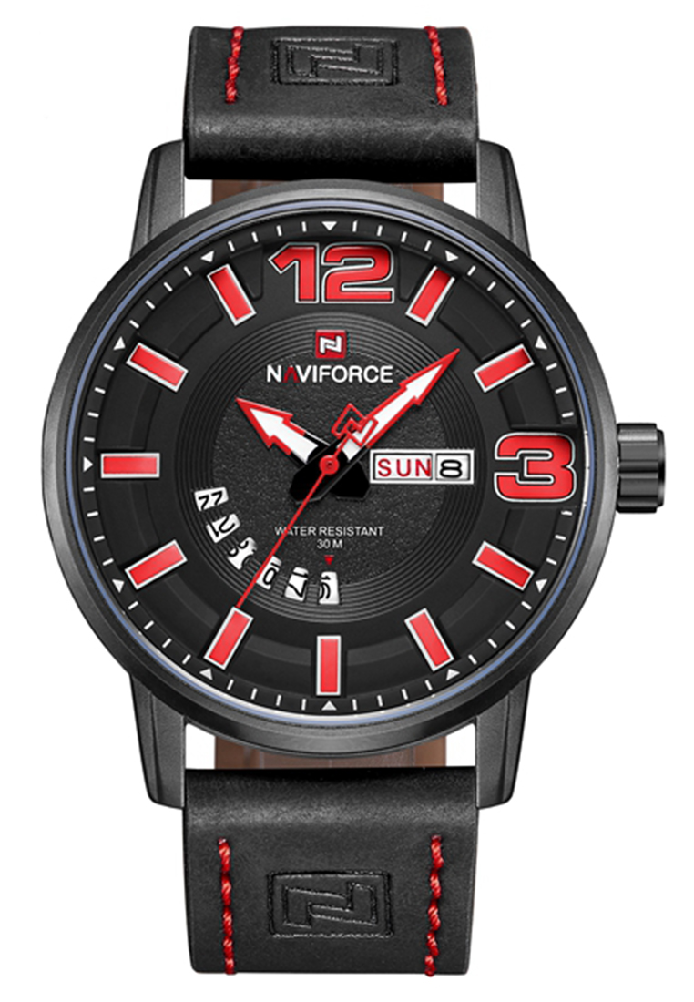 Naviforce - Jam Tangan Pria - Black Red - Leather Strap - NF9143-D