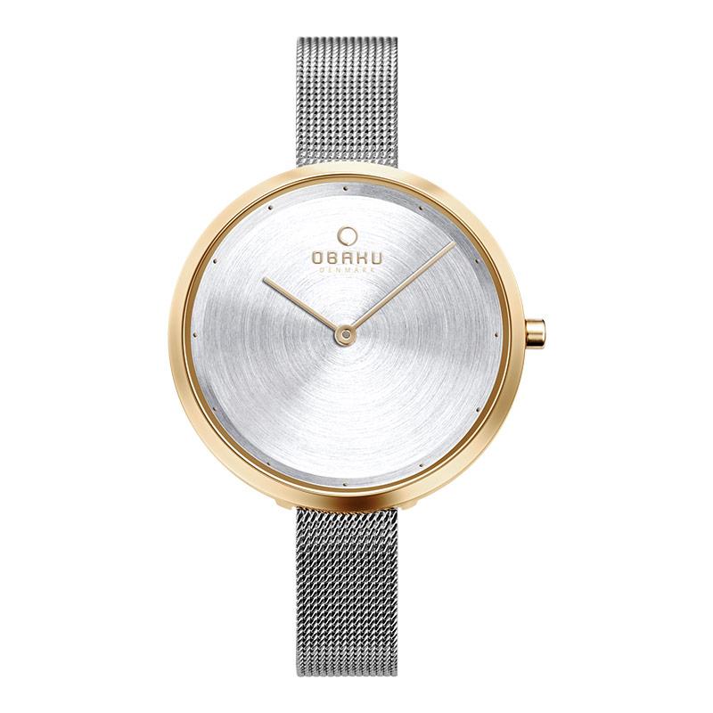 Obaku Jam Tangan Wanita Obaku V227LXGIMC Dok Gold Bi Silver White Dial Mesh Strap