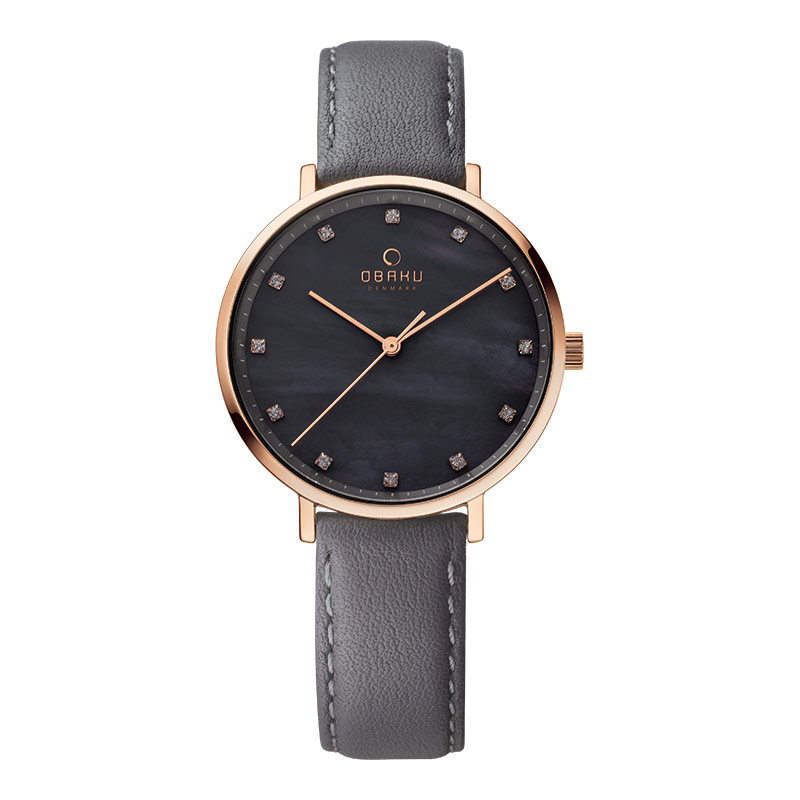 Obaku Jam Tangan Wanita Obaku V186LXVJRJ Vest Pebble Grey Mother Of Pearl Dial Grey Leather Strap