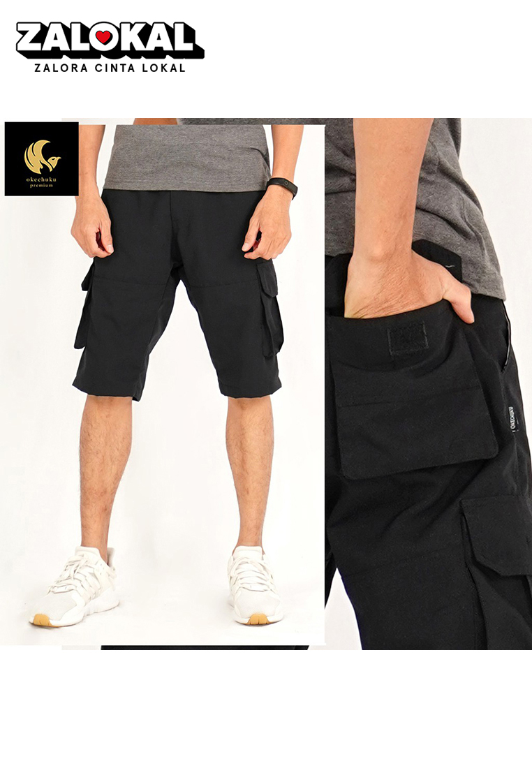 Okechuku Charles Celana Pendek Cargo Pria Celana Cargo Pendek Santai Pria Cargo Shortpants - HITAM