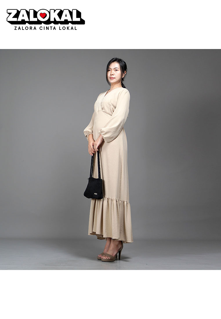 Okechuku DRESS JULIA Long Dress Gaun Pesta Midi Dress Gaya Korea - Krem