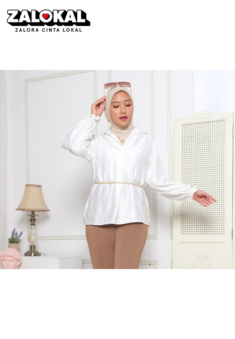 Okechuku SAFIRE Top Satin Blouse Satin Gaya Korea Blus Elegan Krah V - Putih