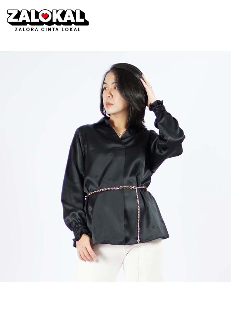 Okechuku SAFIRE Top Satin Blouse Satin Gaya Korea Blus Elegan Krah V - Hitam