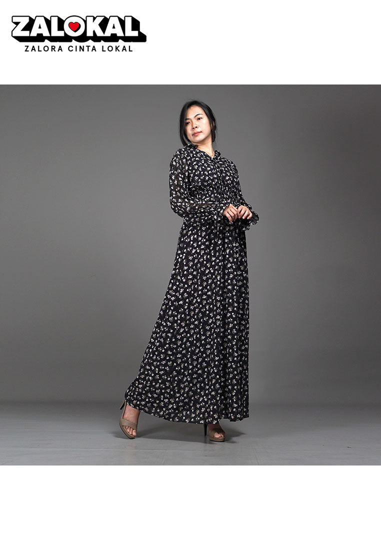 Okechuku Dress SHALMA Long Dress Sifon Gaun Panjang Gaya Korea - Hitam