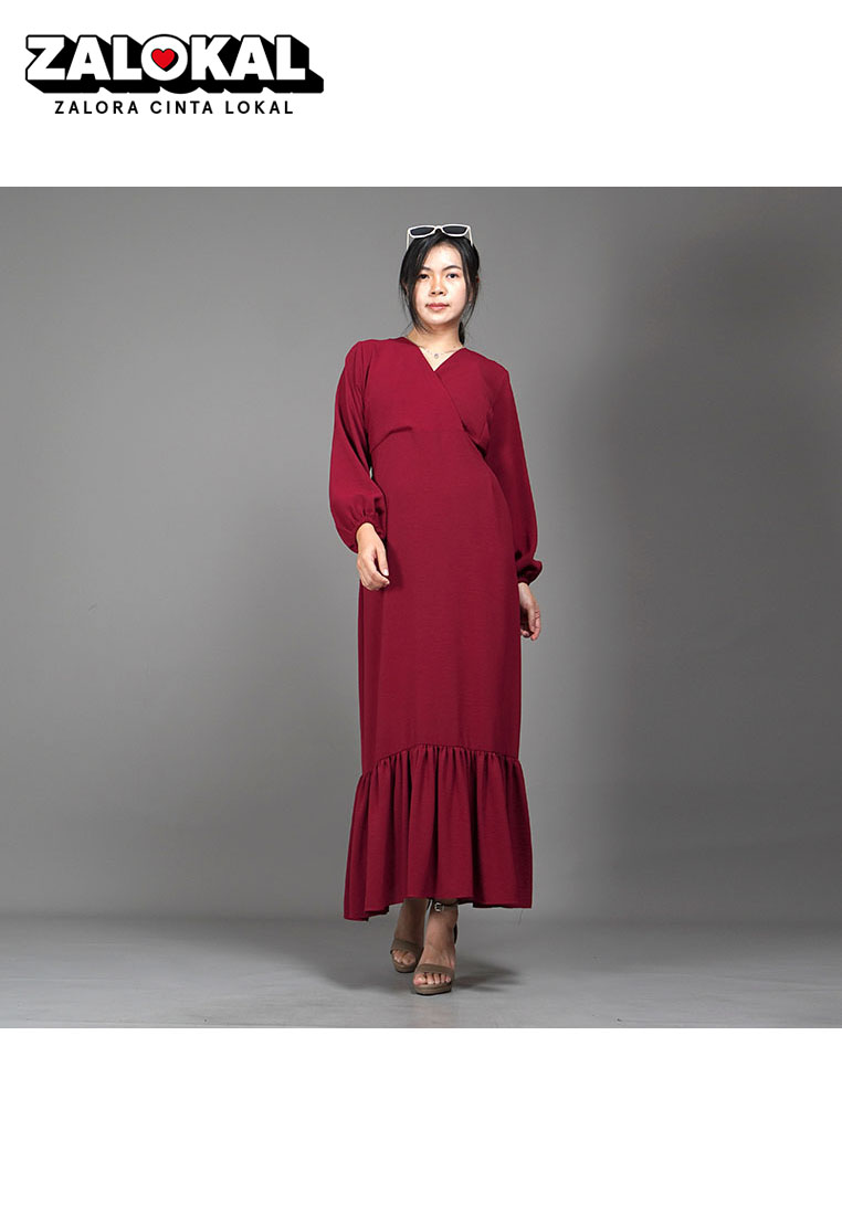 Okechuku DRESS JULIA Long Dress Gaun Pesta Midi Dress Gaya Korea - Marun
