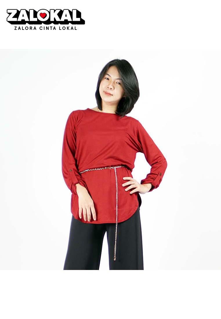 Okechuku JASMINE TOP Tunik Polos Kaos Lengan Panjang Wanita Oversize TShirt - Marun