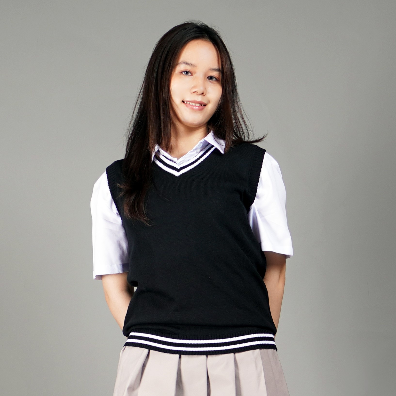 Okechuku VICKY Rompi Hitam List Putih Rompi Rajut Wanita Korean Style Knit Vest - HITAM