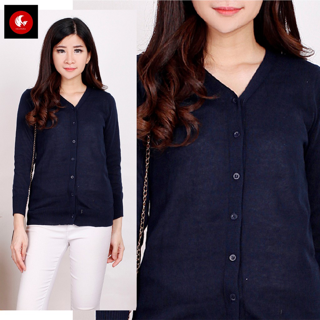 Okechuku New Rika Knit Cardigan Wanita Rajut Cardigan Rajut Wanita Kardigan Rajut V Neck - NAVY