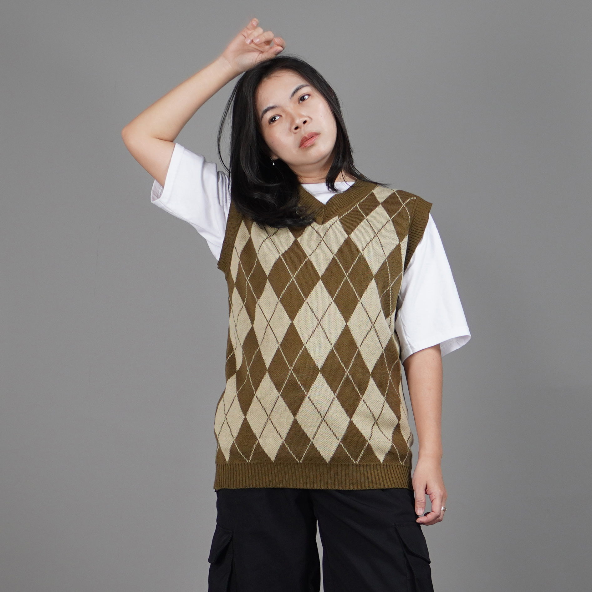 Okechuku VEST WINDY Kardigan Rajut Motif Ketupat Knit Cardigan - BRONZE