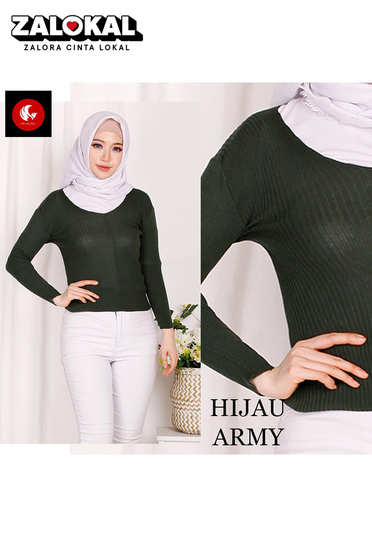 Okechuku RUTH Sweater Rajut Wanita Switer Gaya Korea Sweter Lengan Panjang Leher V - ARMY
