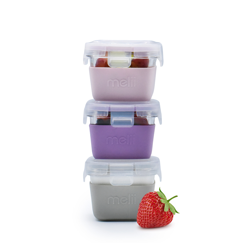 Okiedog Melii Baby Glass Containers with sleeve - Pink, Purple, Grey - wadah makanan kaca