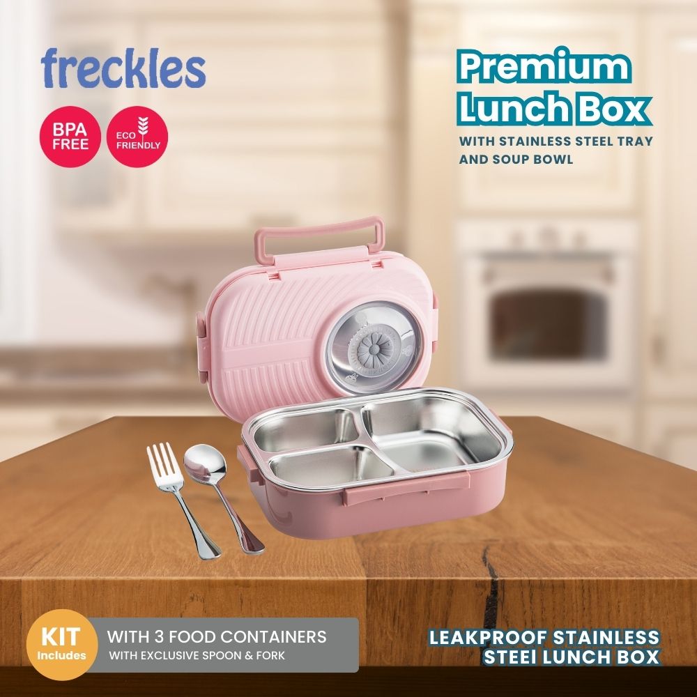 Okiedog Freckles Stainless Steel Lunch Box - Pink - Tempat Makan Stainless Steel dengan Mangkuk