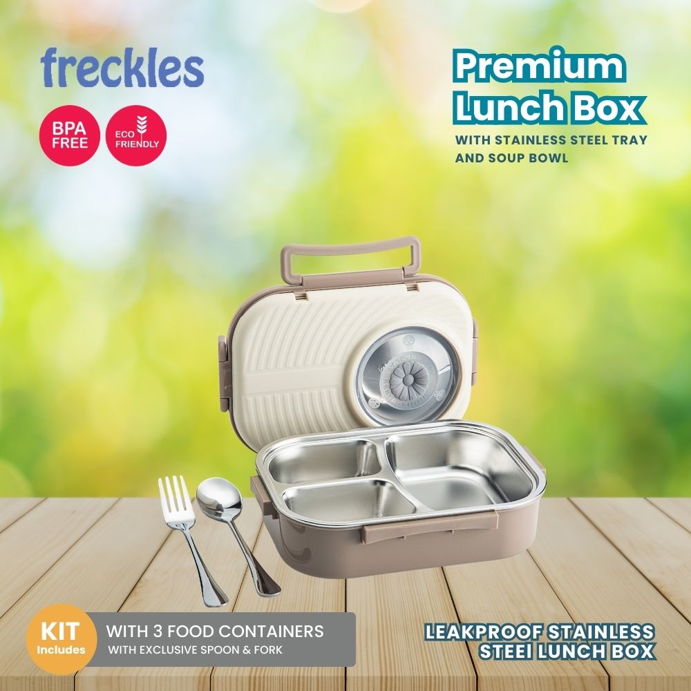 Okiedog Freckles Stainless Steel Lunch Box - Beige/Brown - Tempat Makan Stainless Steel dengan Mangk