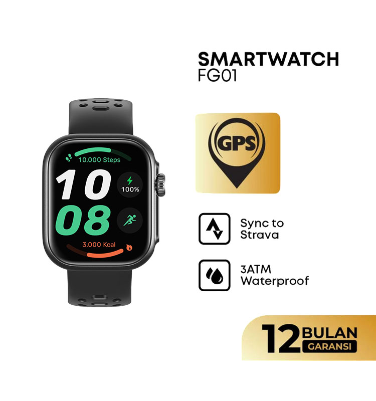 Olike Jam Tangan Unisex Olike FG01 Smartwatch With GPS TARNISH Black Rubber Strap