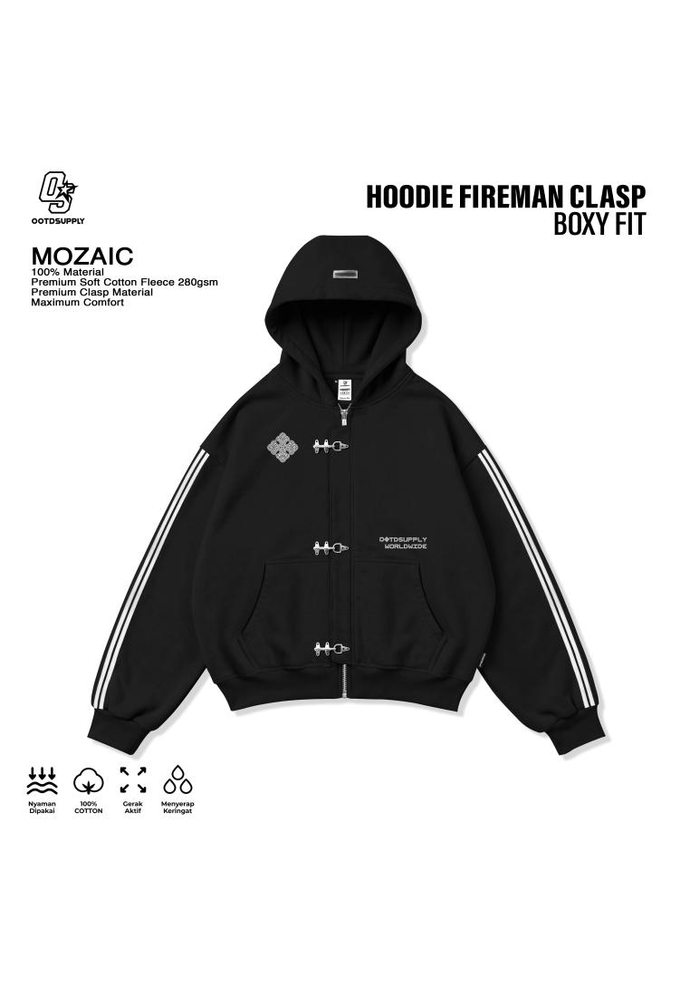 OOTDSUPPLY Hoodie Boxy Zipper Fireman Clasp Mozaic Black | Jaket Boxyfit Streetwear Unisex | OS-HDBX