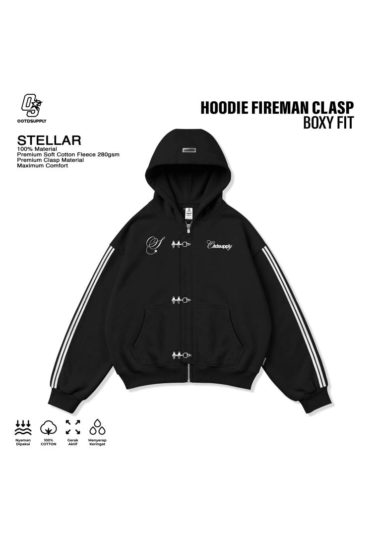 OOTDSUPPLY Hoodie Boxy Zipper Fireman Clasp Stellar Black | Jaket Boxyfit Streetwear Unisex | OS-HDB