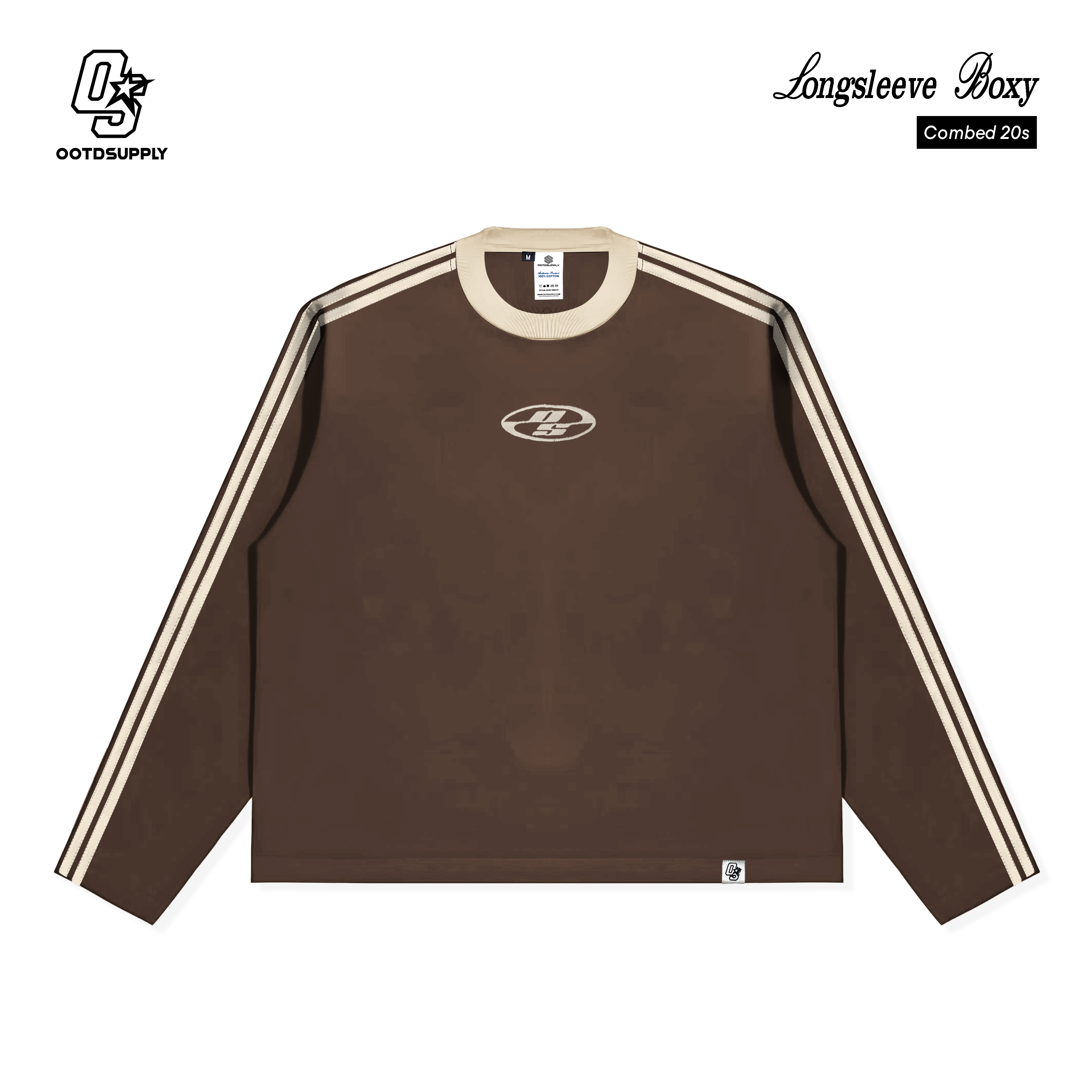 OOTDSUPPLY Longsleeve Boxy Double Stripe Neocore Embroidery Dark Brown l Oversize T-Shirt Lengan Pan