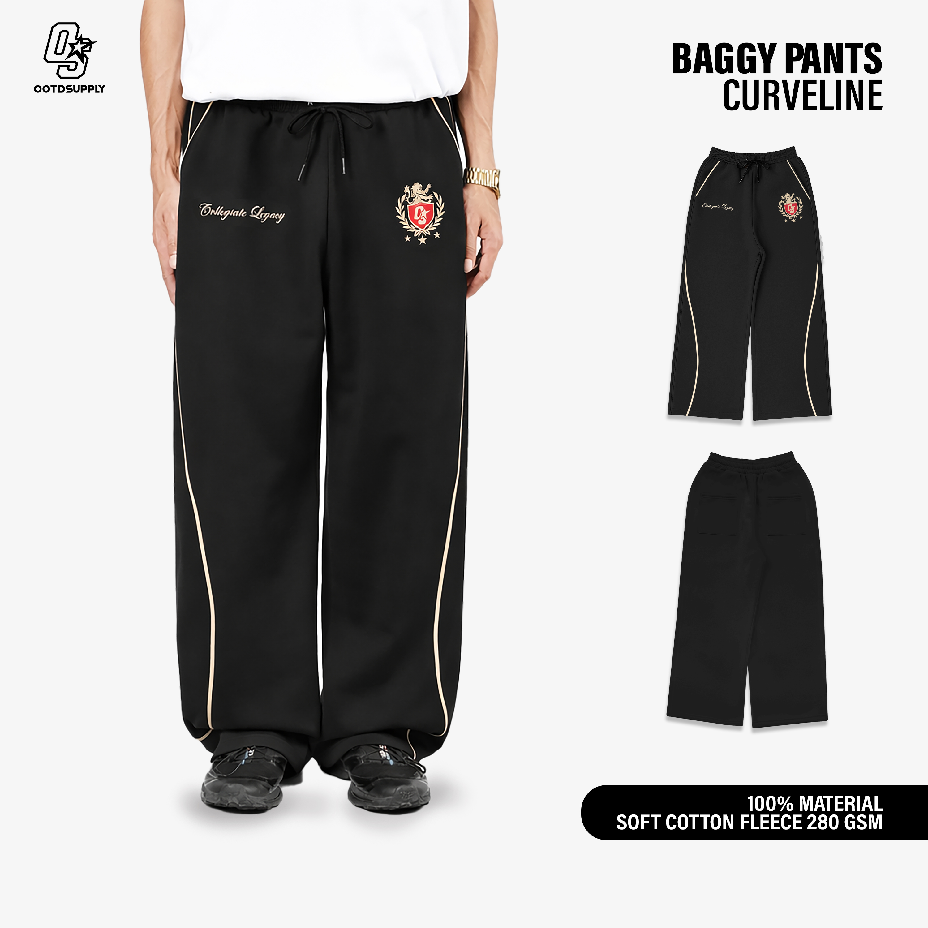 OOTDSUPPLY Baggy Pants Curveline Collegiate Black Cream l Celana Baggy Royal Series | Celana Panjang
