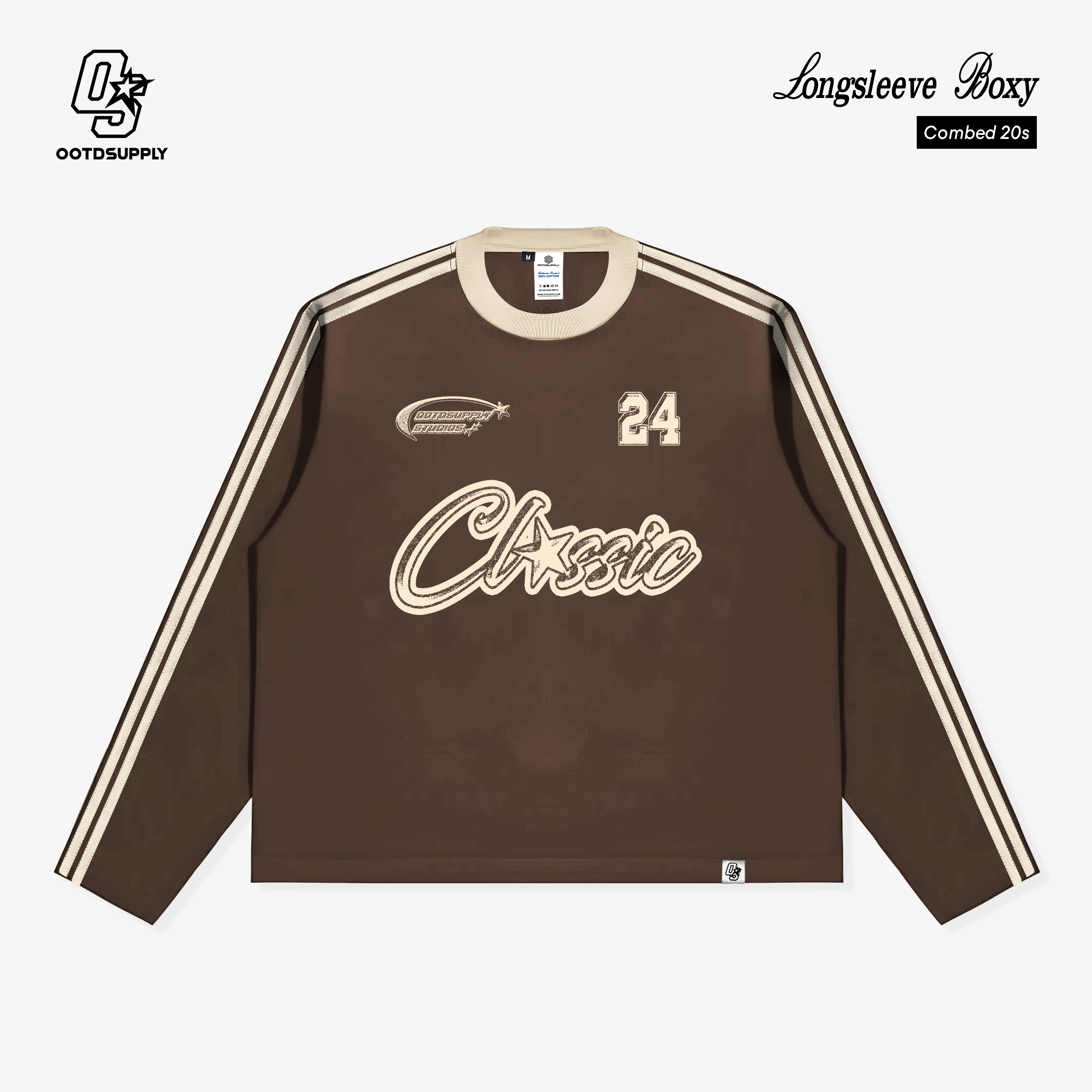 OOTDSUPPLY Longsleeve Boxy Double Stripe Classic 24 White & Dark Brown l Oversize T-Shirt Lengan Pan