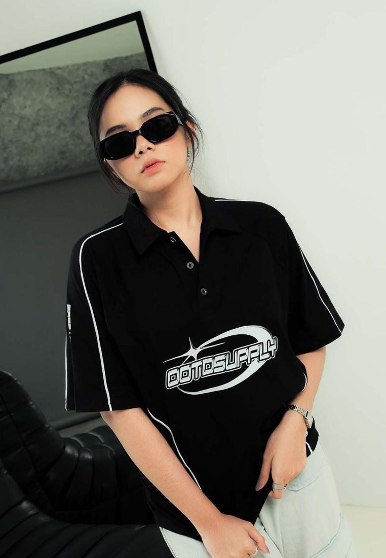 OOTDSUPPLY Oversize Polo Rugby Shirt V.4 Glisten Full Black | Kaos Polo Pria dan Wanita PSRGB-V4004