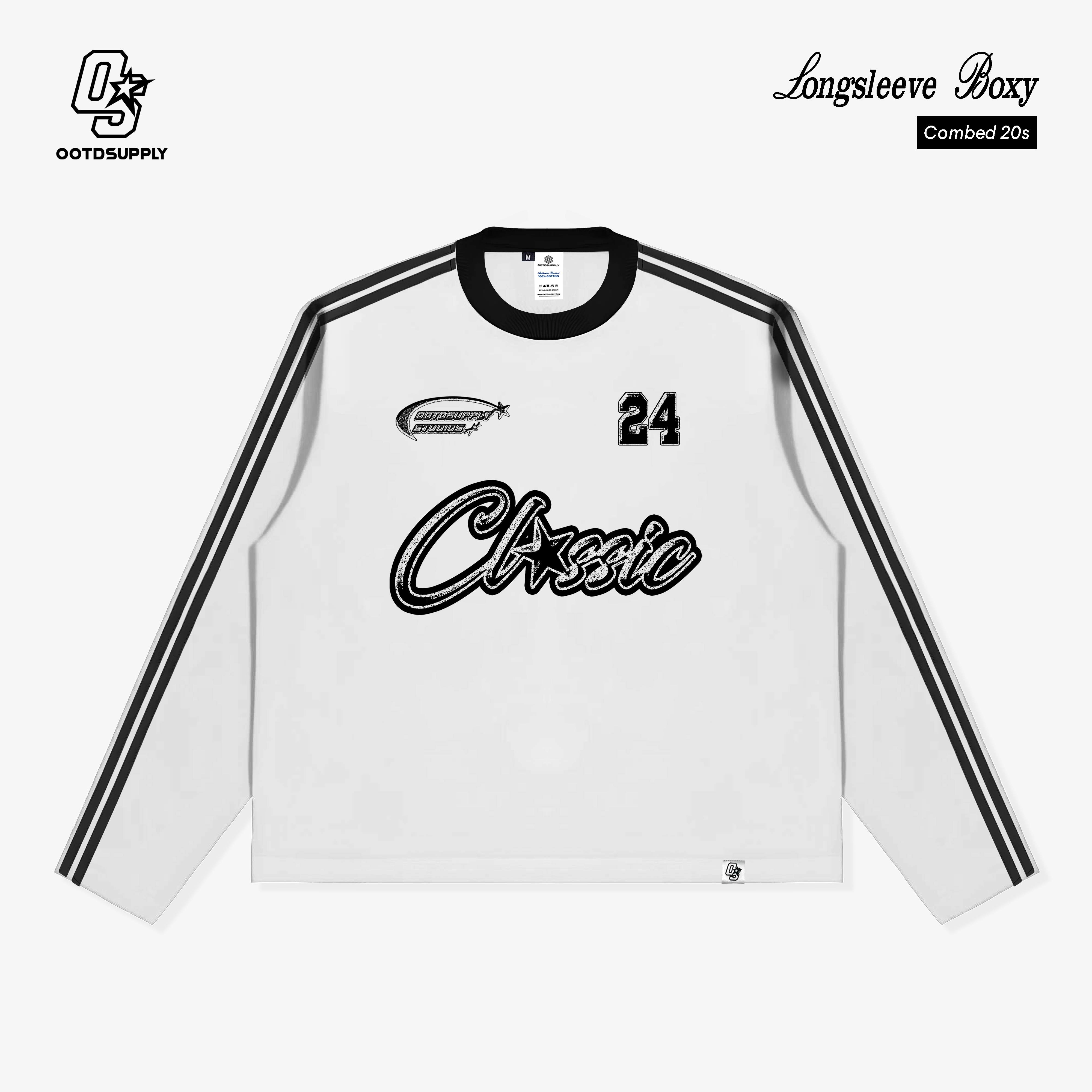 OOTDSUPPLY Longsleeve Boxy Double Stripe Classic 24 White & Dark Brown l Oversize T-Shirt Lengan Pan