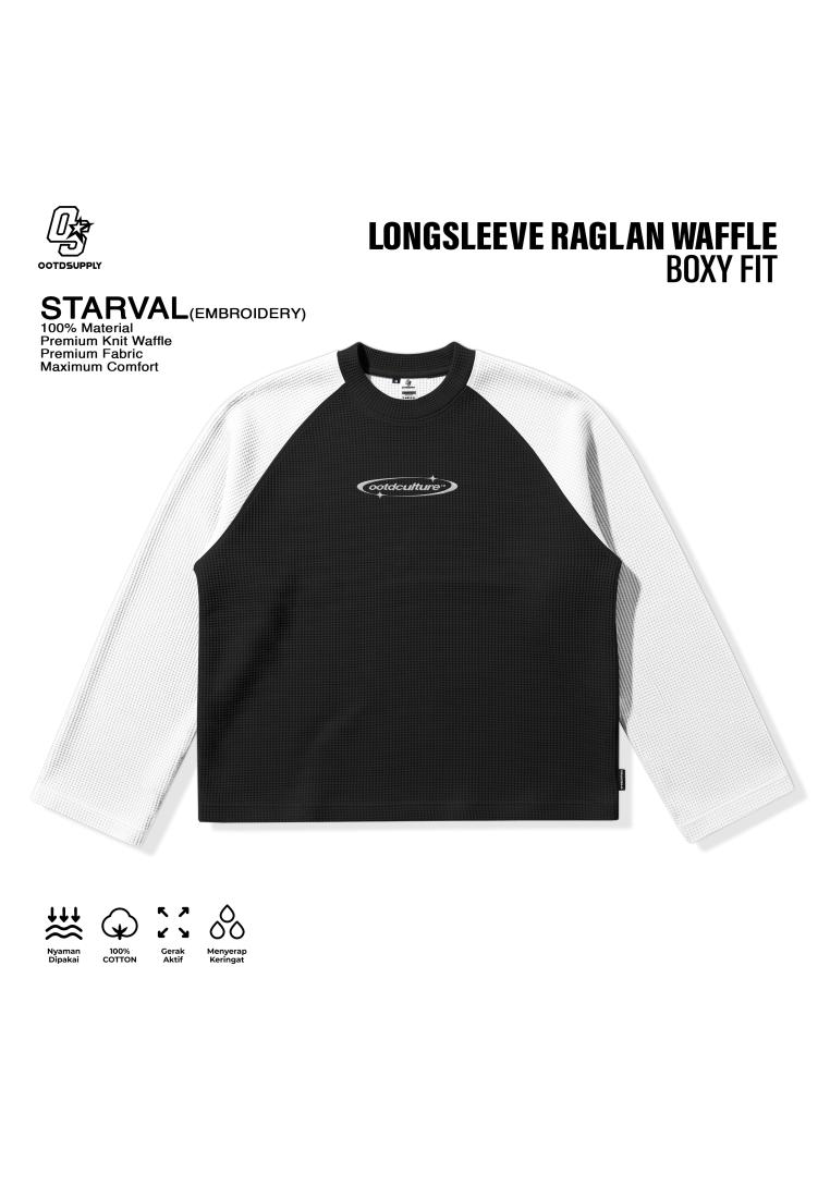 OOTDSUPPLY Longsleeve Boxy Raglan Waffle Starval Embroidery Black White | Kaos Oversize Lengan Panja