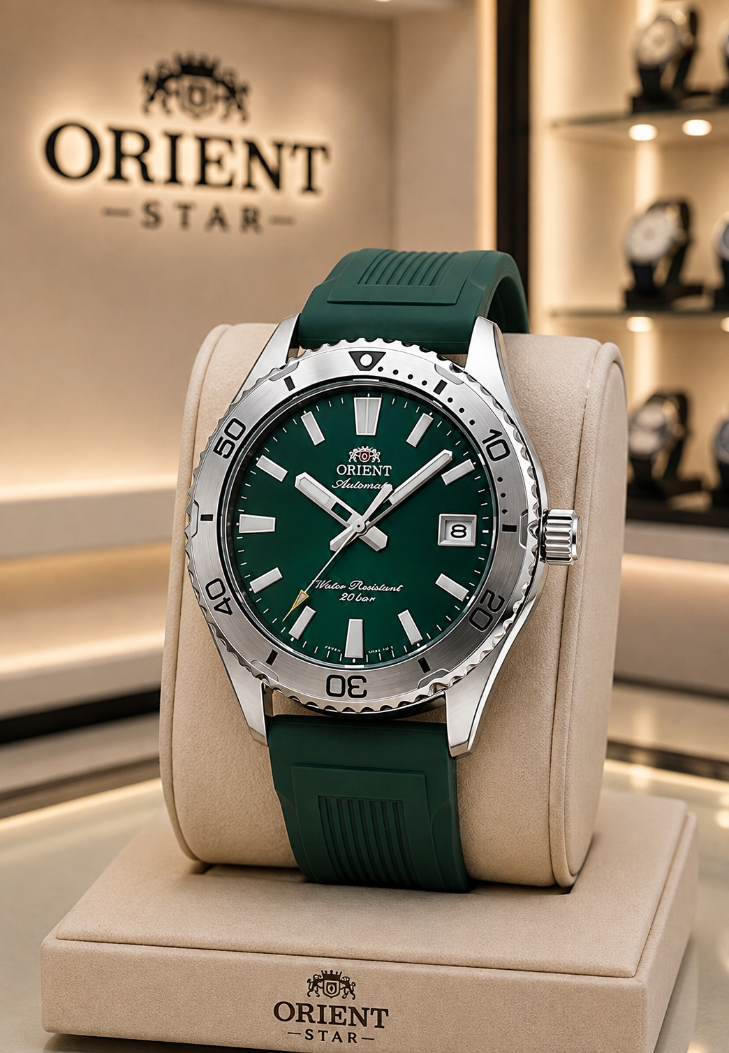 Orient Mako 40 Diver Jam Tangan Automatic Pria - Green Dial Green Rubber Strap - RA-AC0Q11E