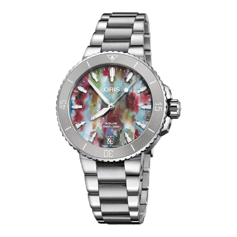 Oris Jam Tangan Unisex Oris Aquis 01-733-7770-4150-Set Date Upcycle Multicolor Dial Stainless Steel 