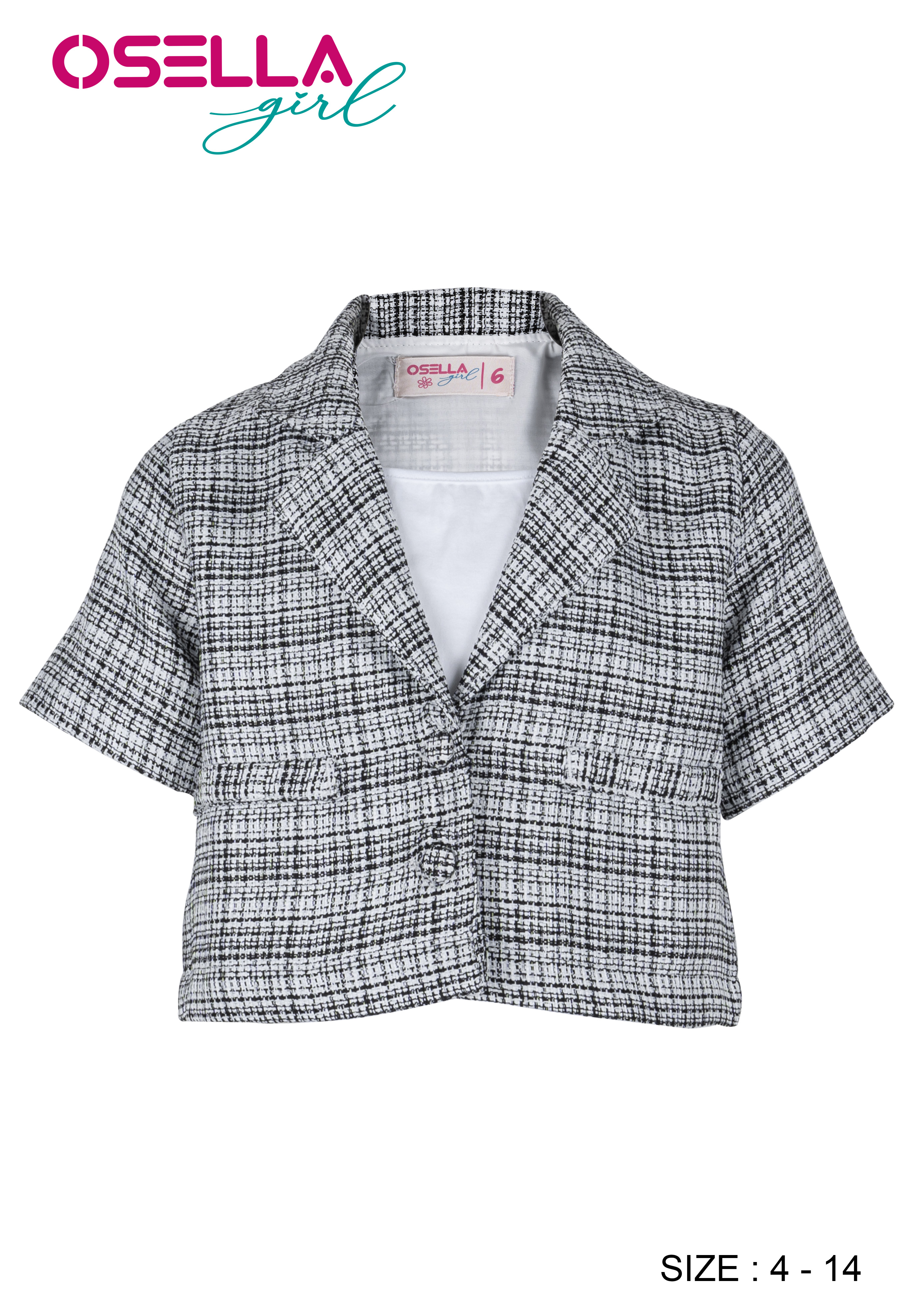 Osella Kids [NEW] Osella Kids Short Sleeve Tweed Look Blazer In Black And White Pattern With Additio