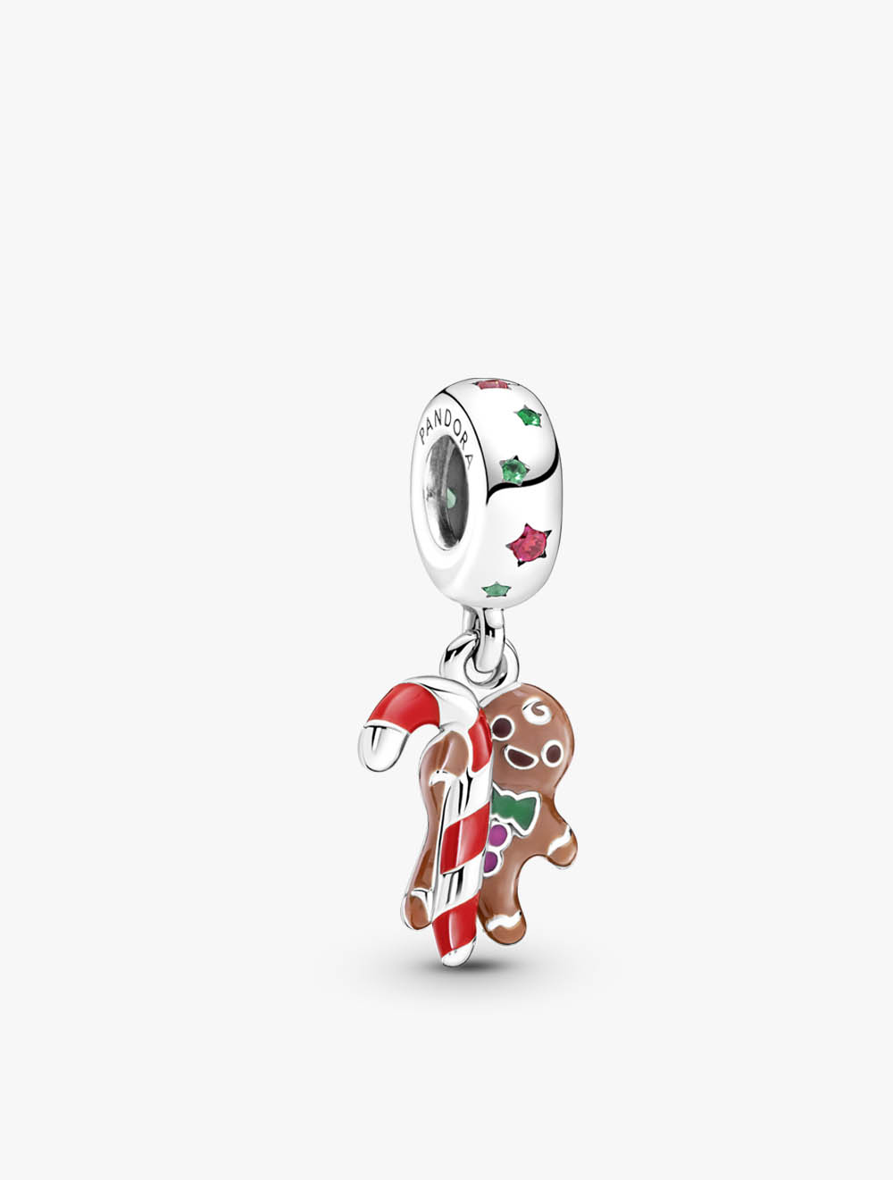 PANDORA Ginger bread man with candy cane sterling silver dangle with spectra green crystal, red cubi