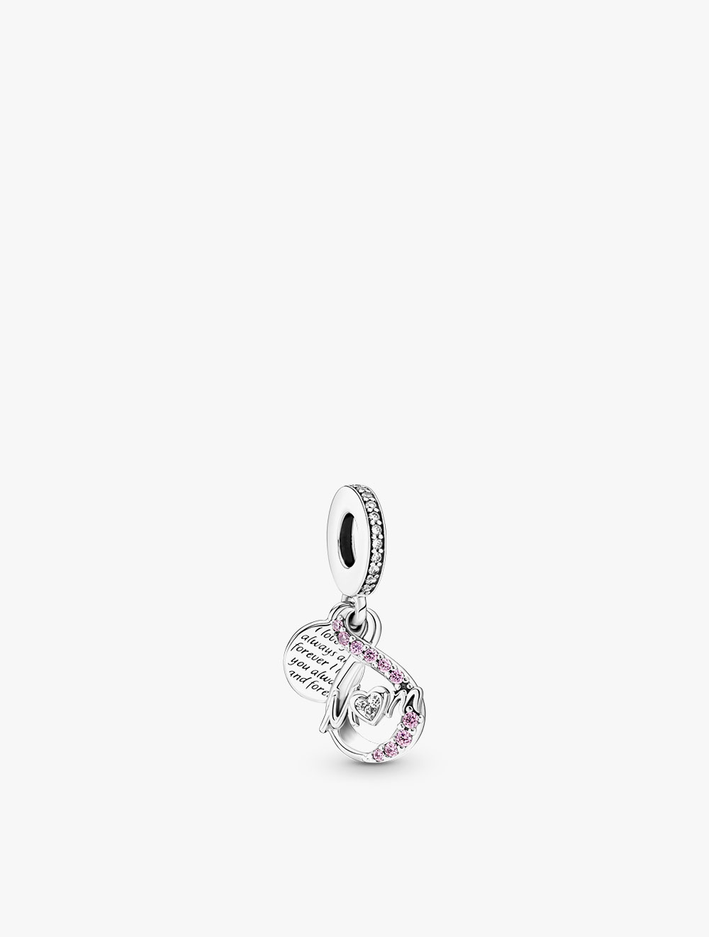 PANDORA Mom infinity sterling silver dangle with clear cubic zirconia and fancy fairy tale pink cubi