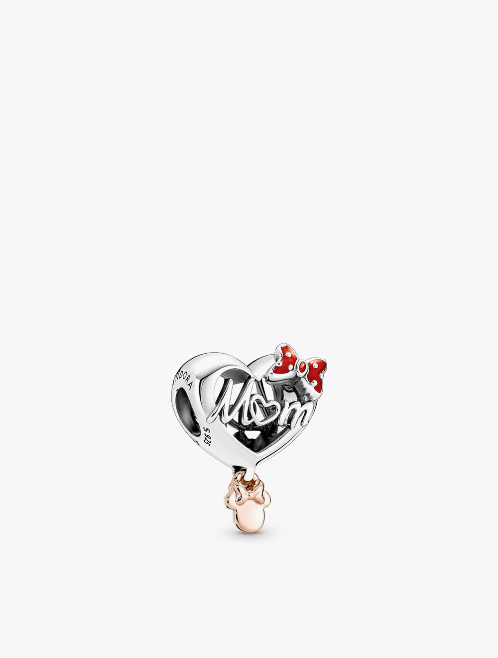 PANDORA Disney Minnie Mouse mom heart sterling silver and 14k rose gold-plated charm with red enamel
