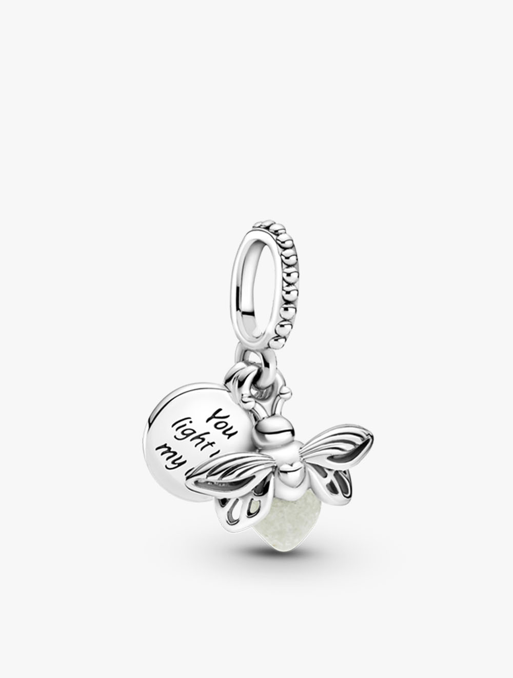 PANDORA Firefly sterling silver dangle with  milky green photoluminescent glass
