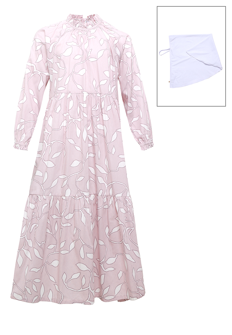 PITODITO Pito Dito Girl Fyodor Gamis Dress Anak Dusty Pink Motif Daun - Size 4