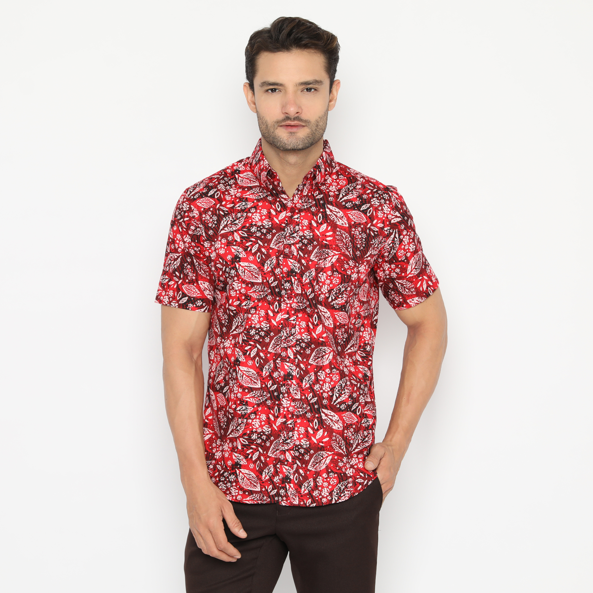 Platini (LAST CALL) Platini Kemeja Motif Hawai Pria Pendek Katun Merah 132038