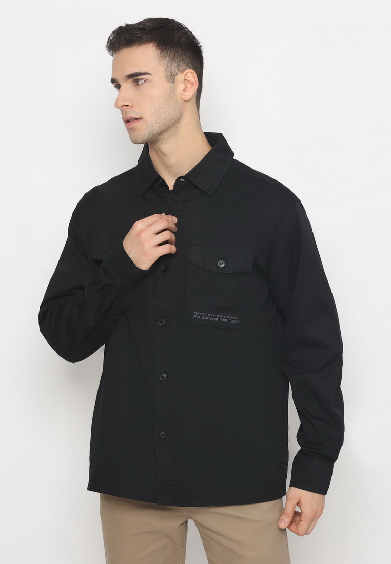 Police Denim POLICE Kemeja Polos Semi Jaket Hitam Regular Fit Lengan Panjang Pria