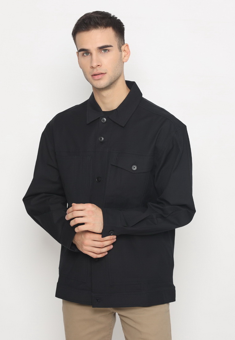 Police Denim POLICE Kemeja Polos Cotton Twill Semi Jaket Blue Black Regular Fit Lengan Panjang Pria