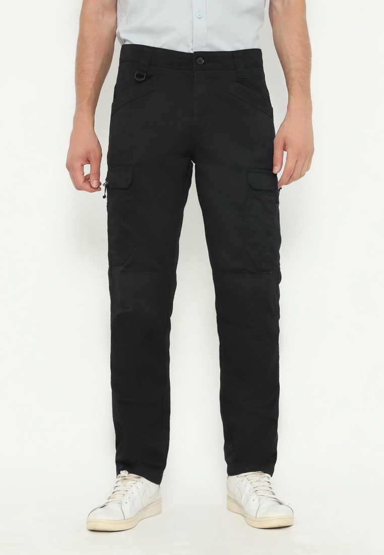 Police Denim POLICE Celana Cargo Panjang Hitam Kantong Zipper Regular Fit Pria