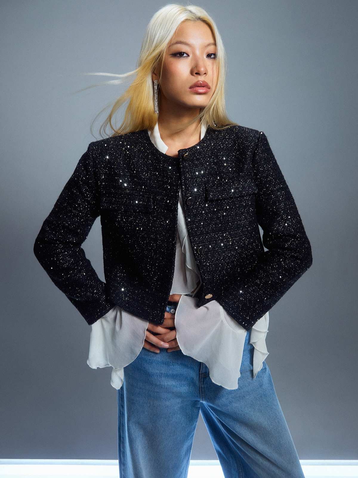 Pomelo Fashion Pomelo - Blazer Wanita - Cropped Tweed Blazer - Black