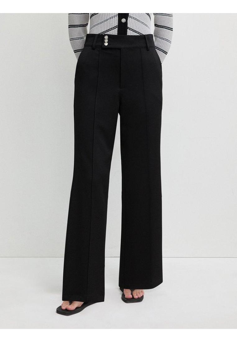 Pomelo Fashion Pomelo - Celana Panjang Wanita - High Waist Wide Leg Triple Button Trousers - Black