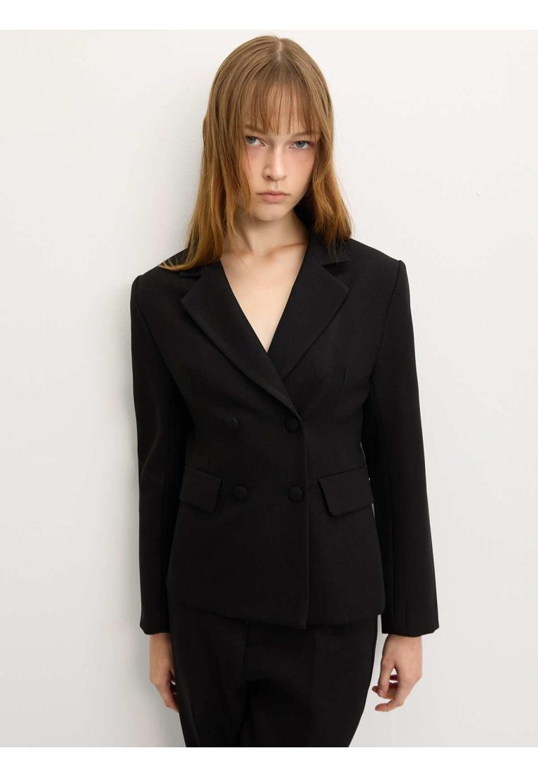 Pomelo Fashion Pomelo - Blazer Wanita - Double Breasted Fitted Blazer - Black