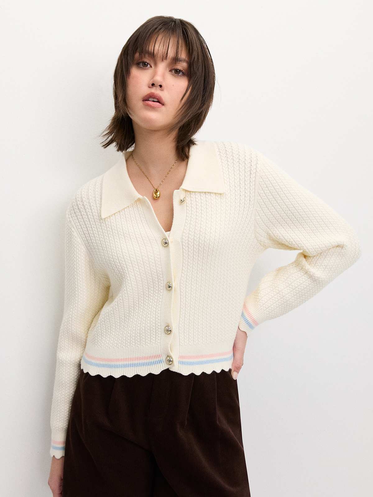Pomelo Fashion Lettuce Edge Knit Cardigan - Ivory